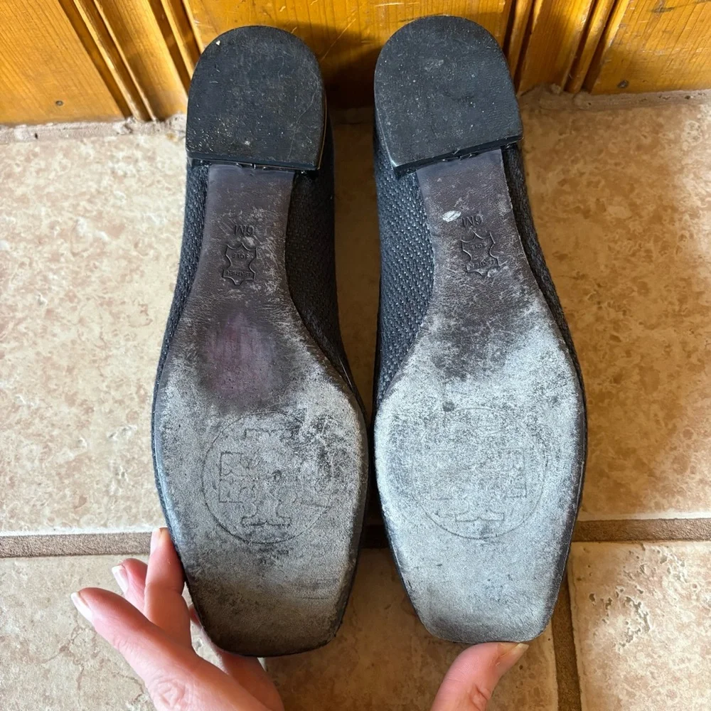 Tory Burch Georgia Square Toe Ballet Flat Silver/Black Logo